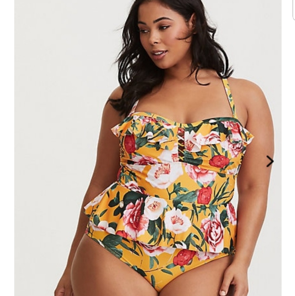 Torrid one piece peplum yellow floral swim